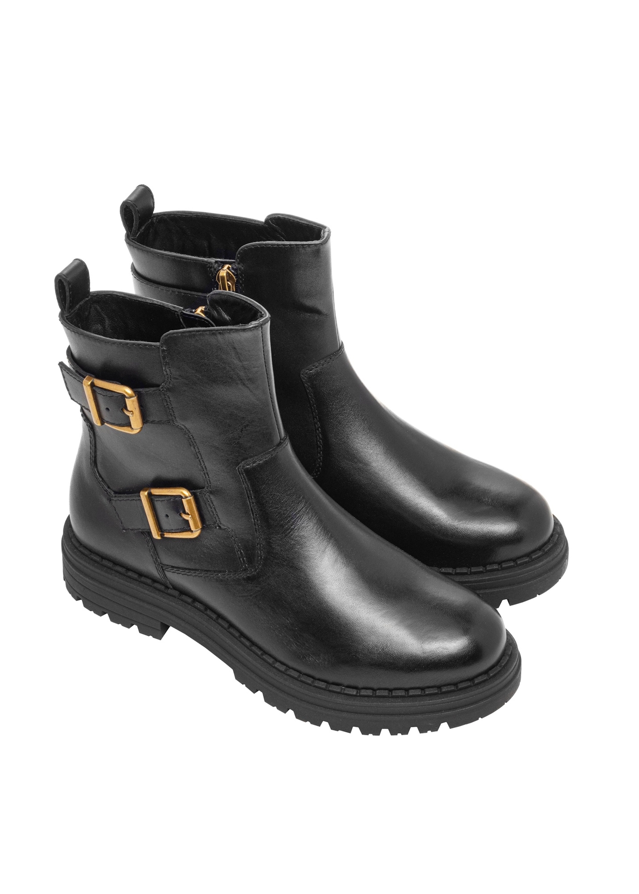 Women's leather ankle boots in black BUTYD-1280-99(Z26), diagonal product view on a white background.