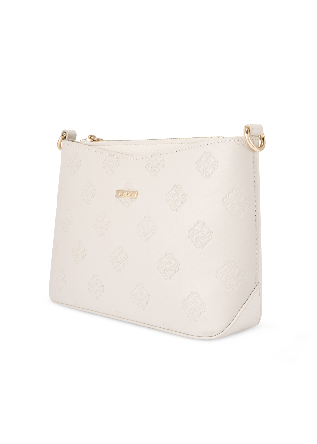 Cream women's handbag with monogram TOREC-1159-0B(W26), diagonal product view on a white background.
