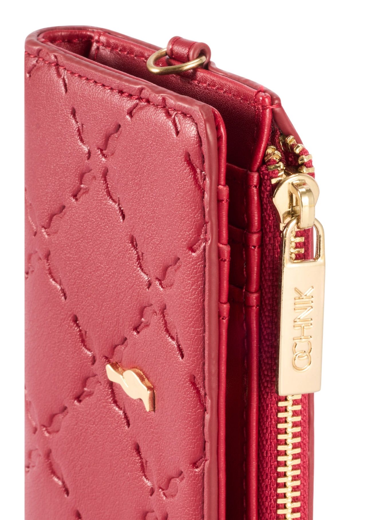 Red small women's wallet with handle POREC-0407-4B(W26) - close-up detail, on white background.