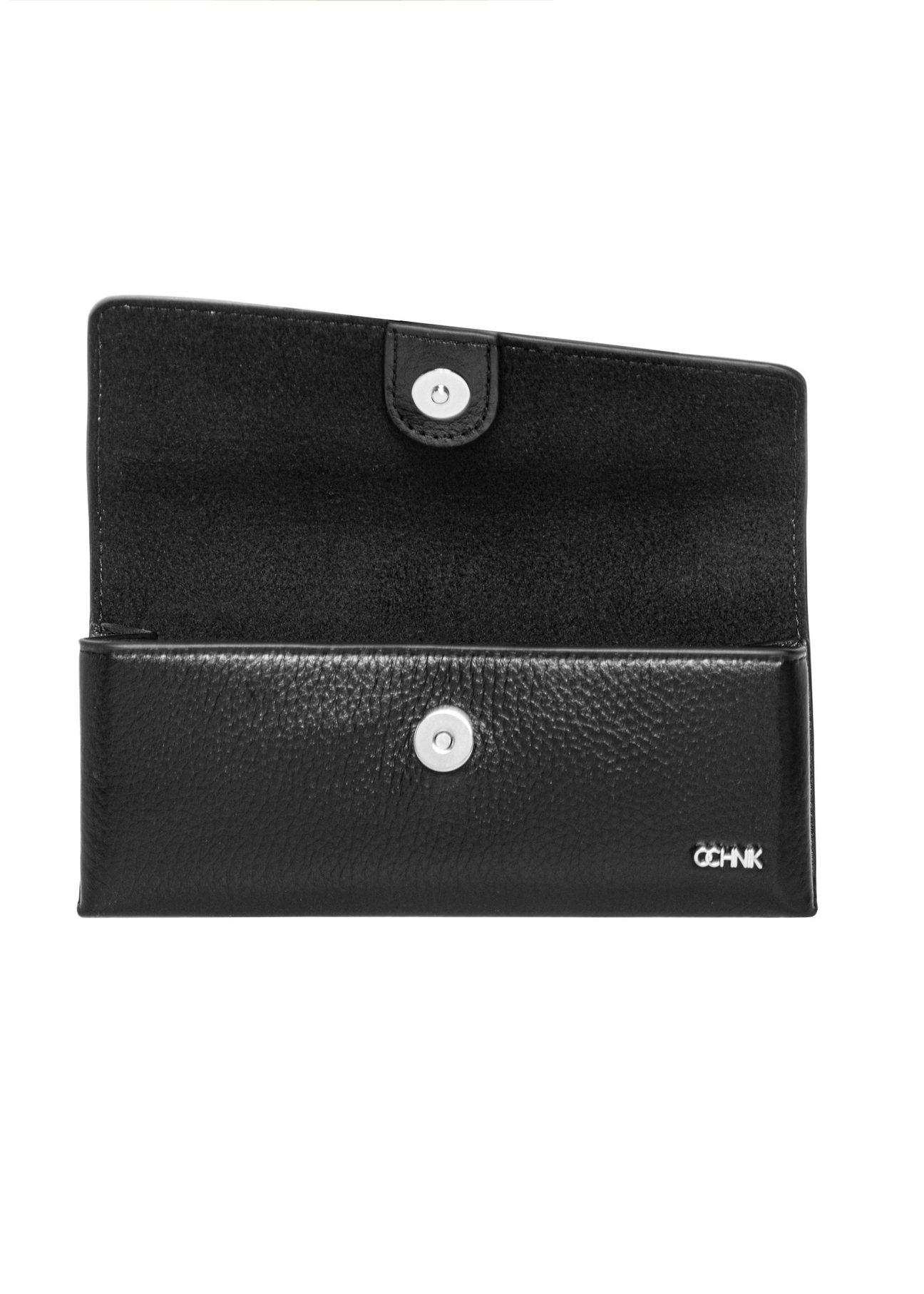 Black leather glasses case PORES-1014R-9I(Z26), open product view on white background.