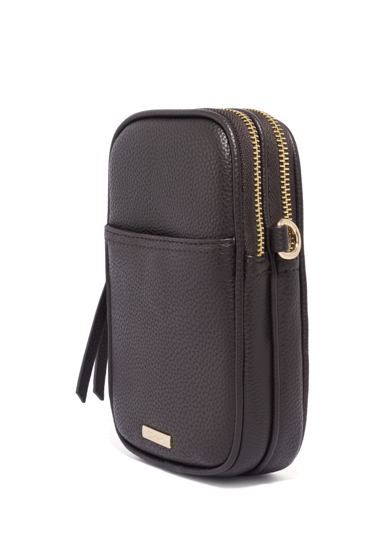 Brown mini women's phone bag TOREC-1368-1I(Z26), diagonal product view on white background.