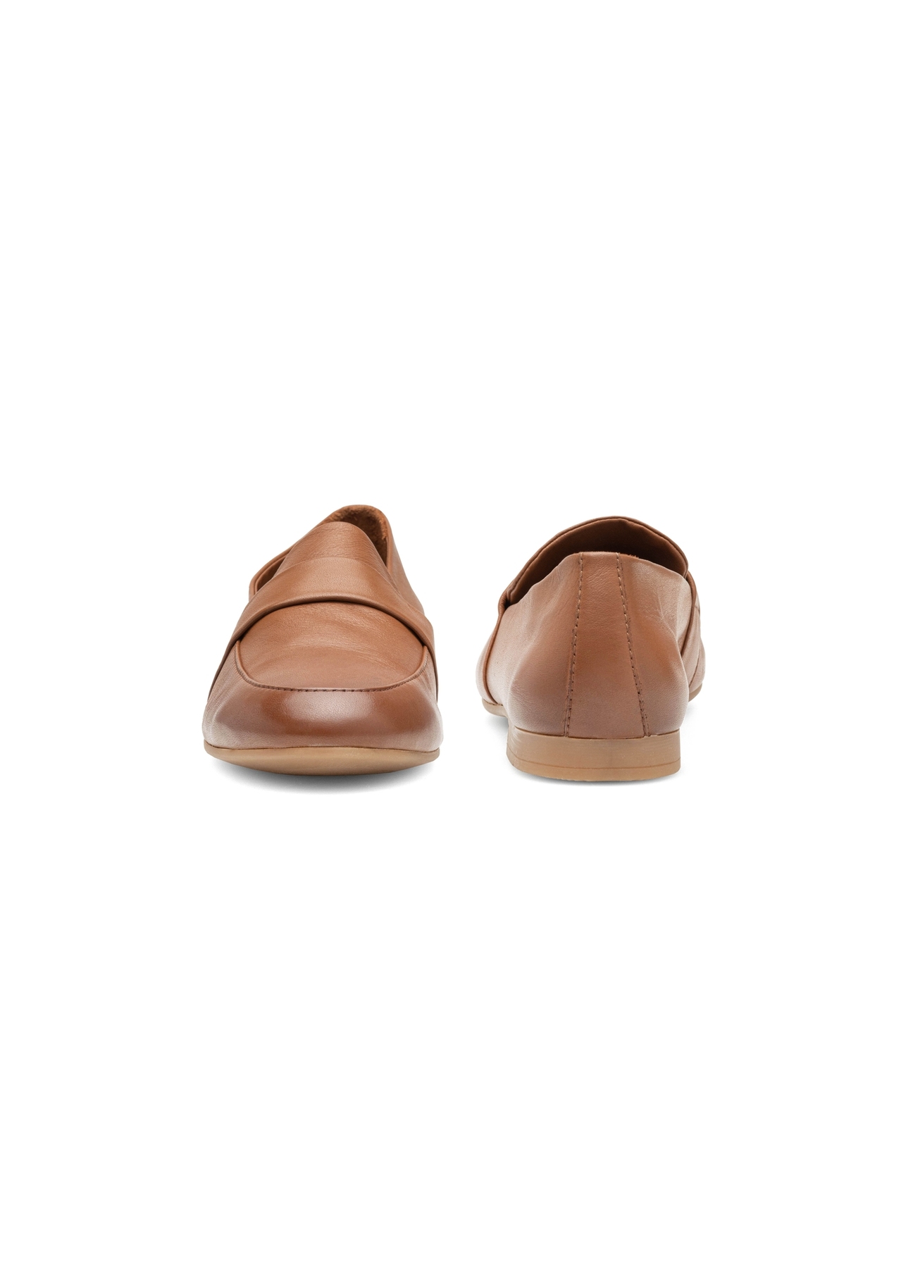Women's leather moccasins in cognac color BUTYD-1074A-1F(W26), front and back view of the product on a white background.