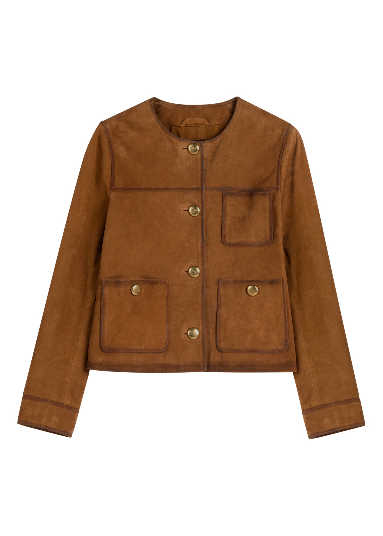 Women's cognac suede jacket KURDS-0584-1F(W26), front product view on white background.
