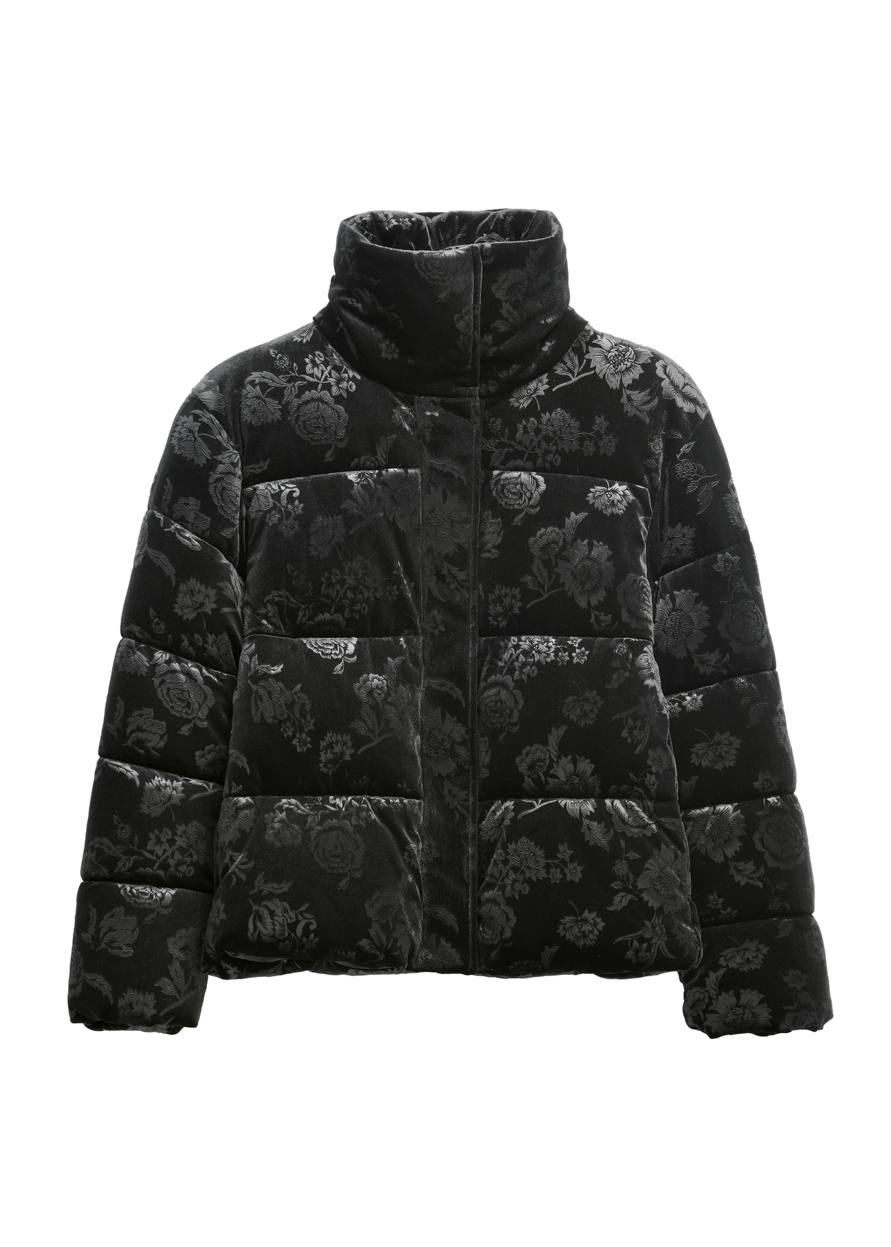 Women's black jacket with floral pattern KURDT-0673-99(Z26) - front product view, on white background.