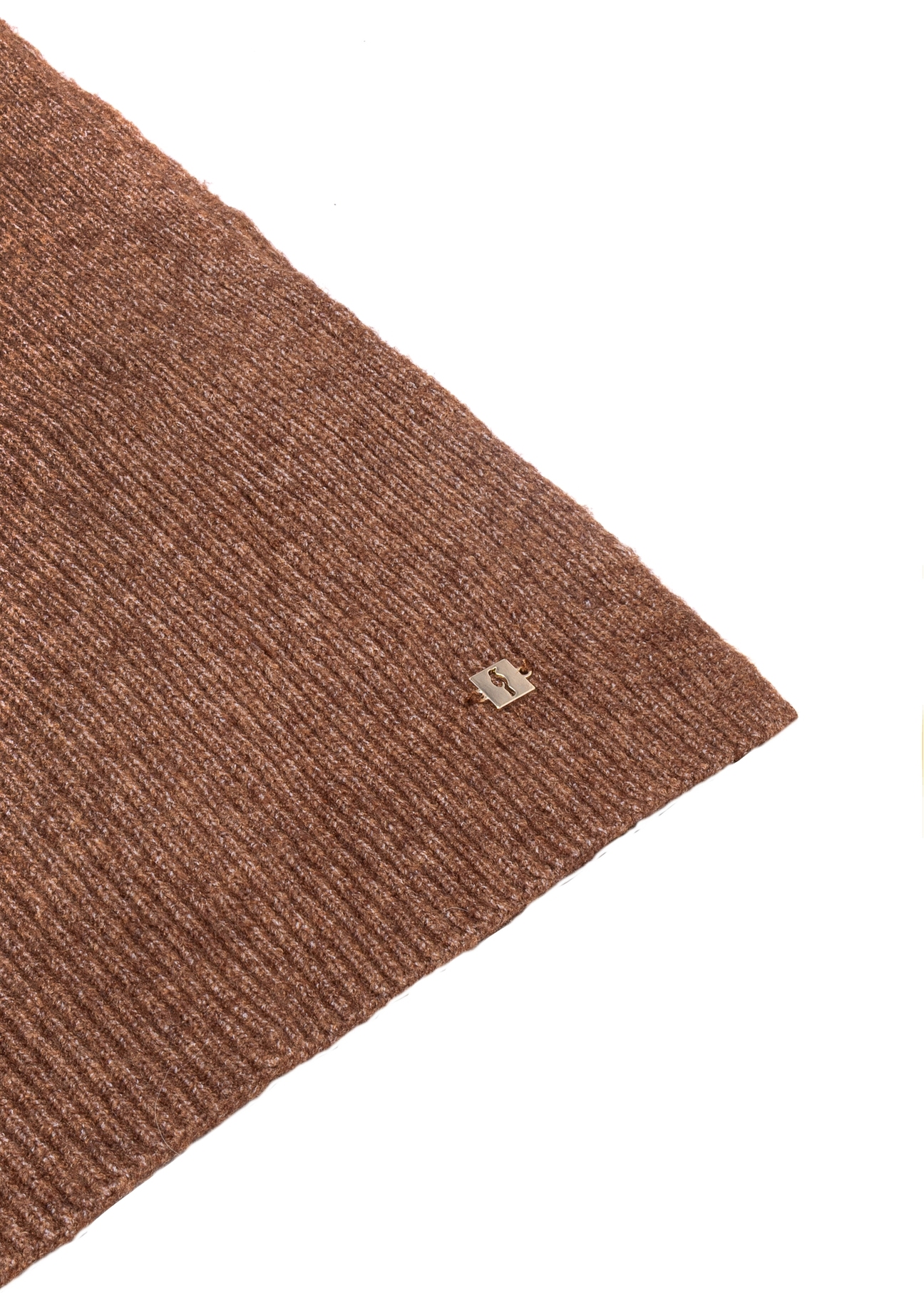 Brown women's scarf with a wool blend SZADT-0202-89(Z25), close-up of the product detail, view on a white background.