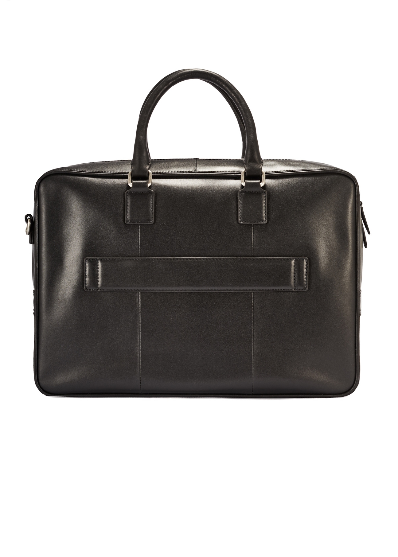 Roomy men's bag made of black leather TORMS-0471-99(Z25), product view from the back on a white background.