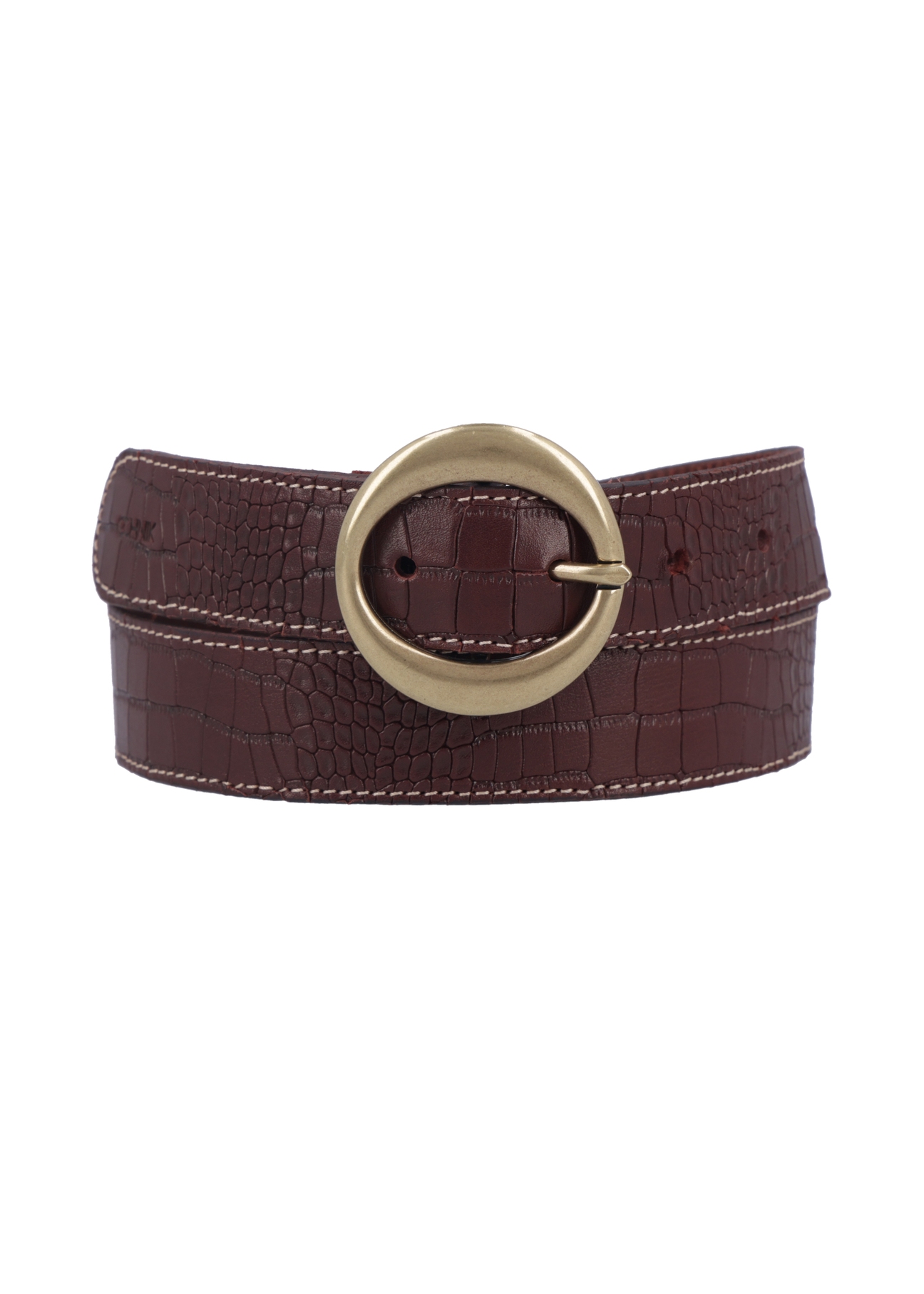Brown leather women's belt with animal motif PASDS-0353-1H(Z26), front product view on a light background.
