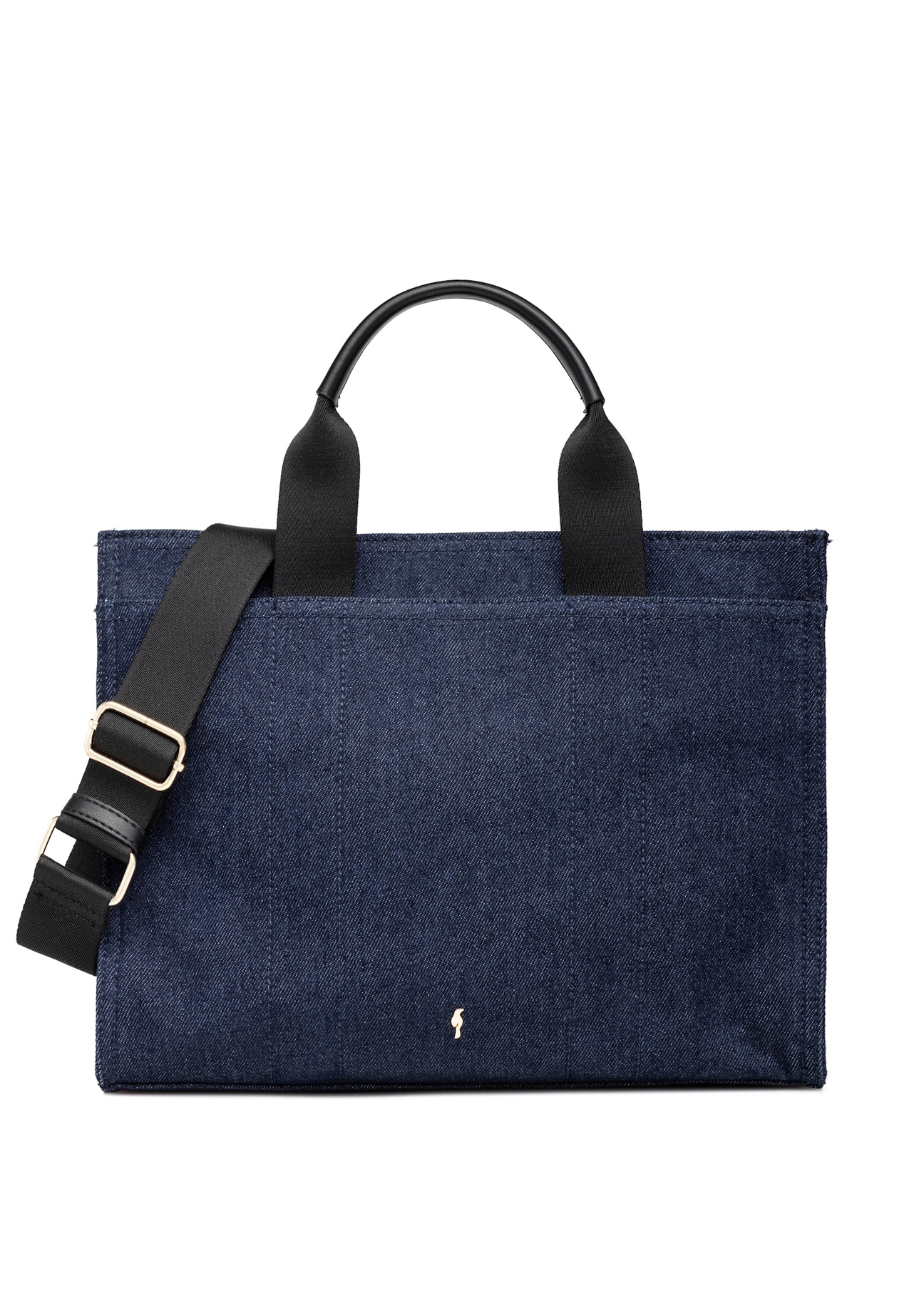 Navy blue denim women's handbag TOREN-0332-7H(W26), front product view on white background.