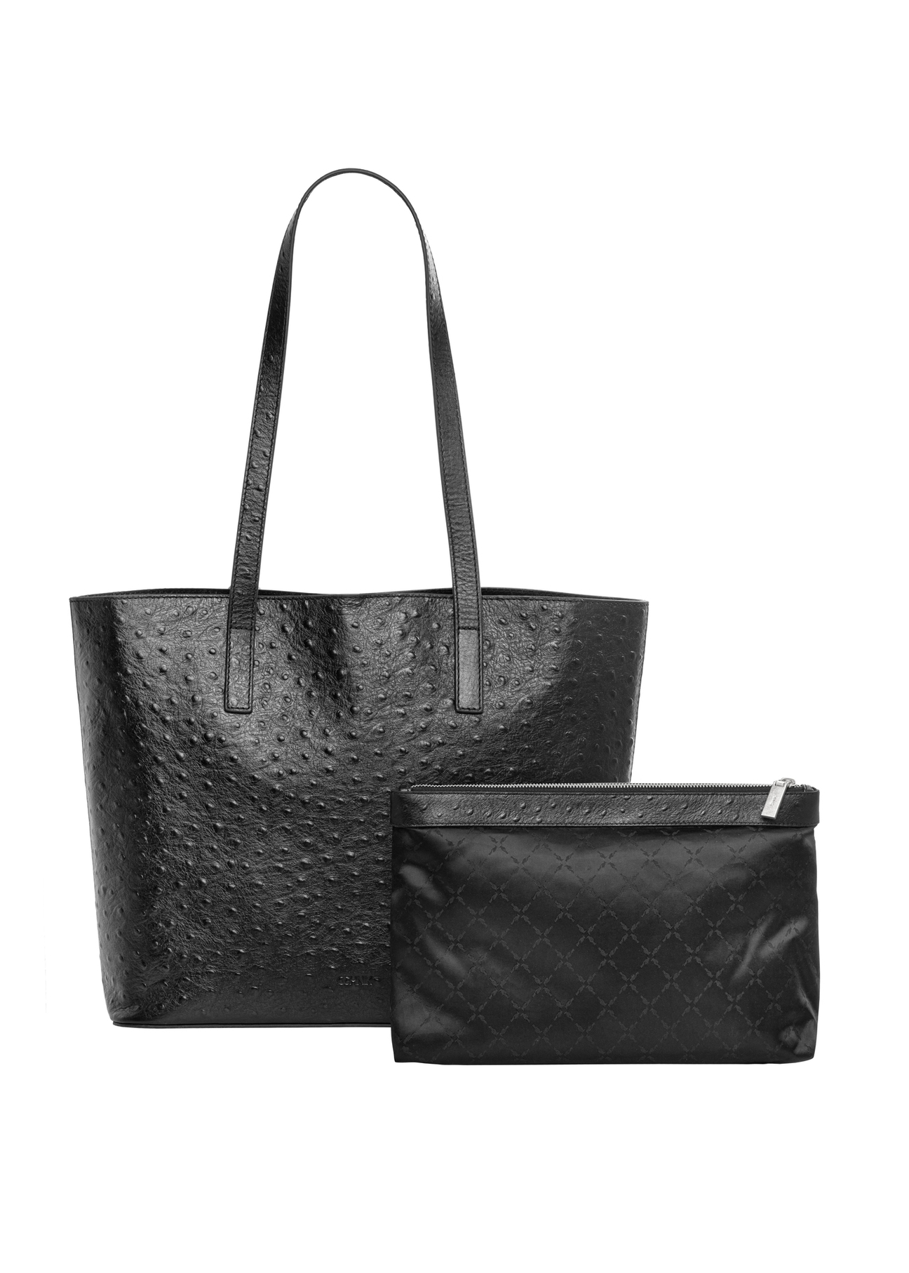 Black leather women's shopper handbag TORES-1389-9P(Z26), front product view with detachable cosmetic bag on white background.