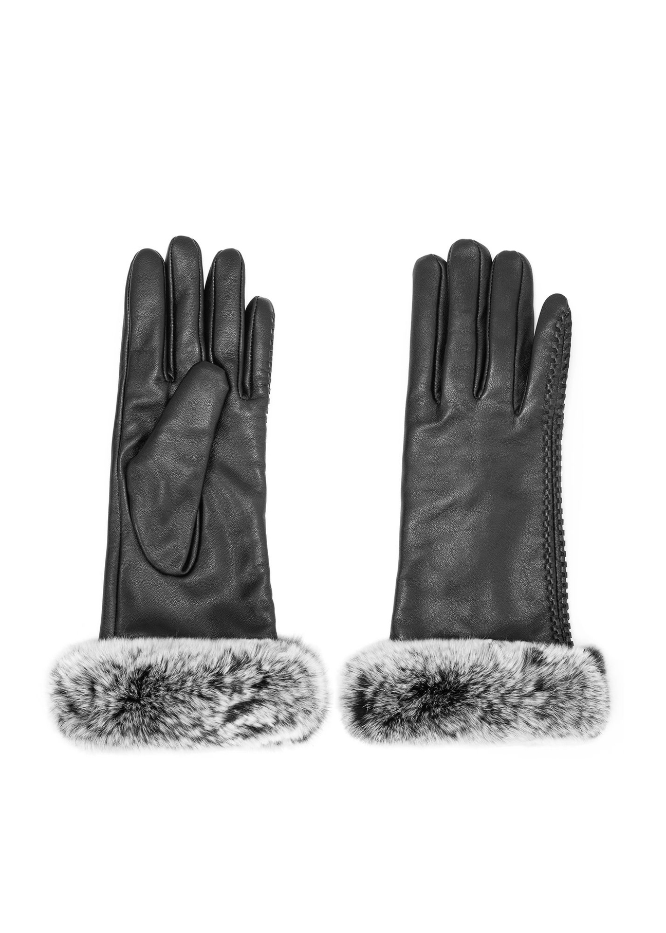 Black leather gloves with fur REKDS-0092-99(Z25) - front product view on white background.