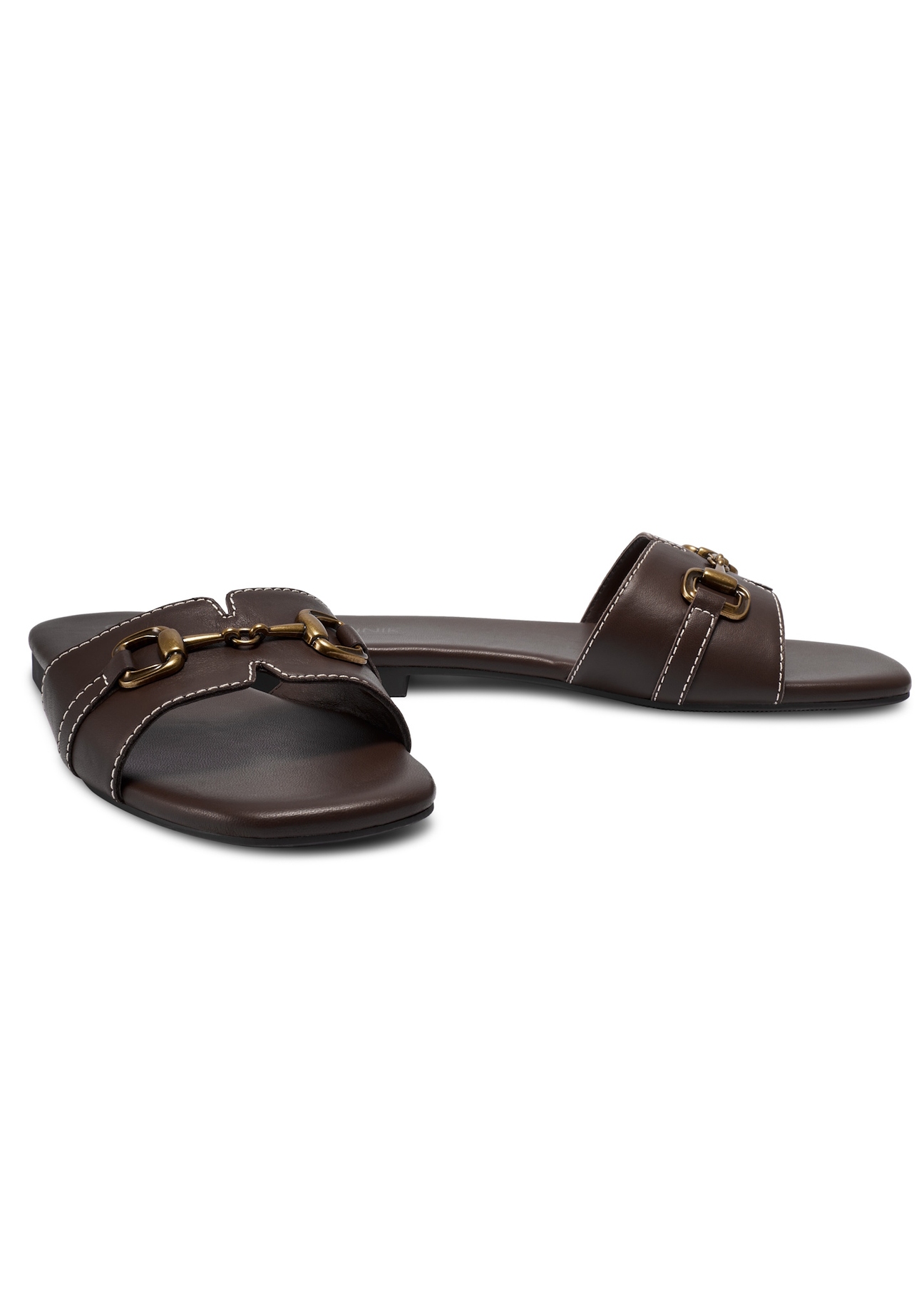 Women's leather flip-flops in dark brown color BUTYD-1273-1I(W26), diagonal product view on a white background.