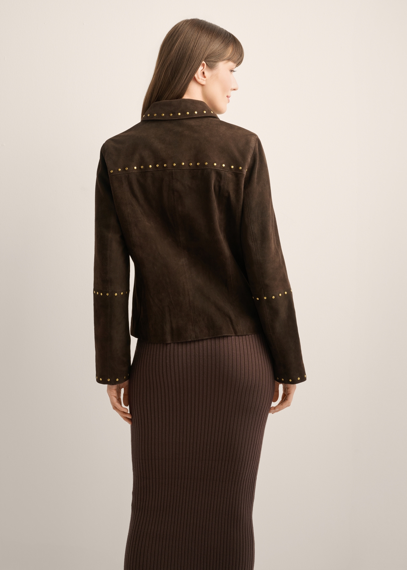Women's brown suede jacket KURDS-0614-1I(Z26), back view of the product on the model. Half of the silhouette visible.
