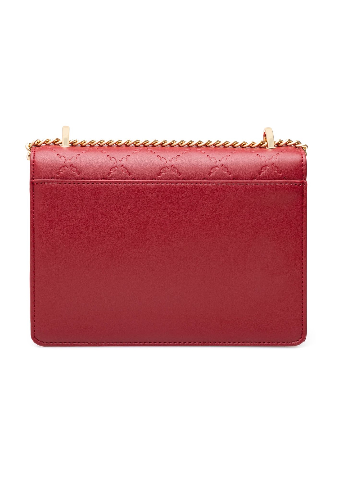 Red women's handbag with monogram TOREC-1155-4B(W26) - product view from the back on a white background.