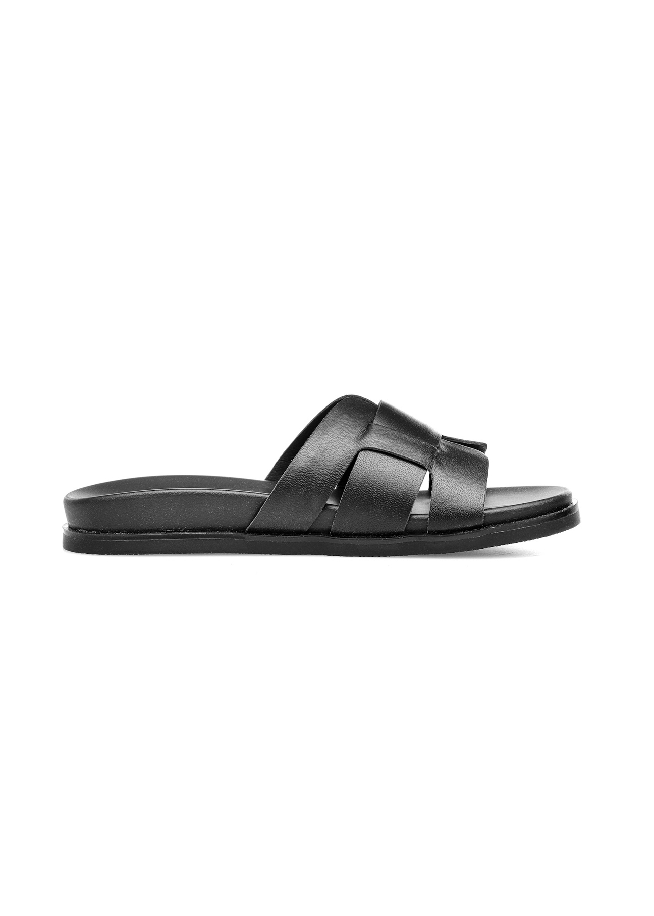 Women's black leather flip-flops BUTYD-1163-99(W25), side view of the product on a white background.