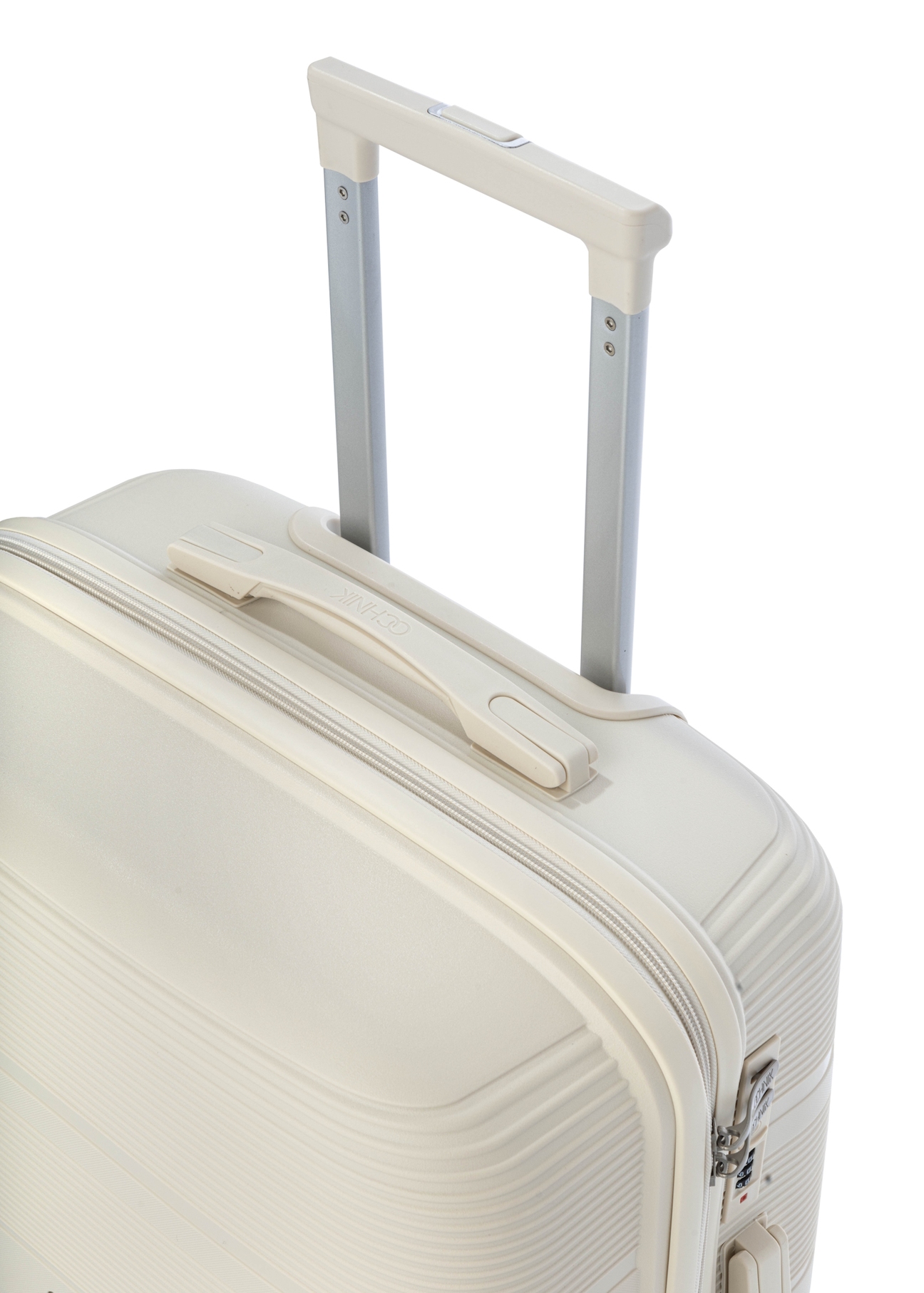 Small suitcase on wheels WALPP-0022-0C-19(W26), close-up of the product handle, view on a white background.