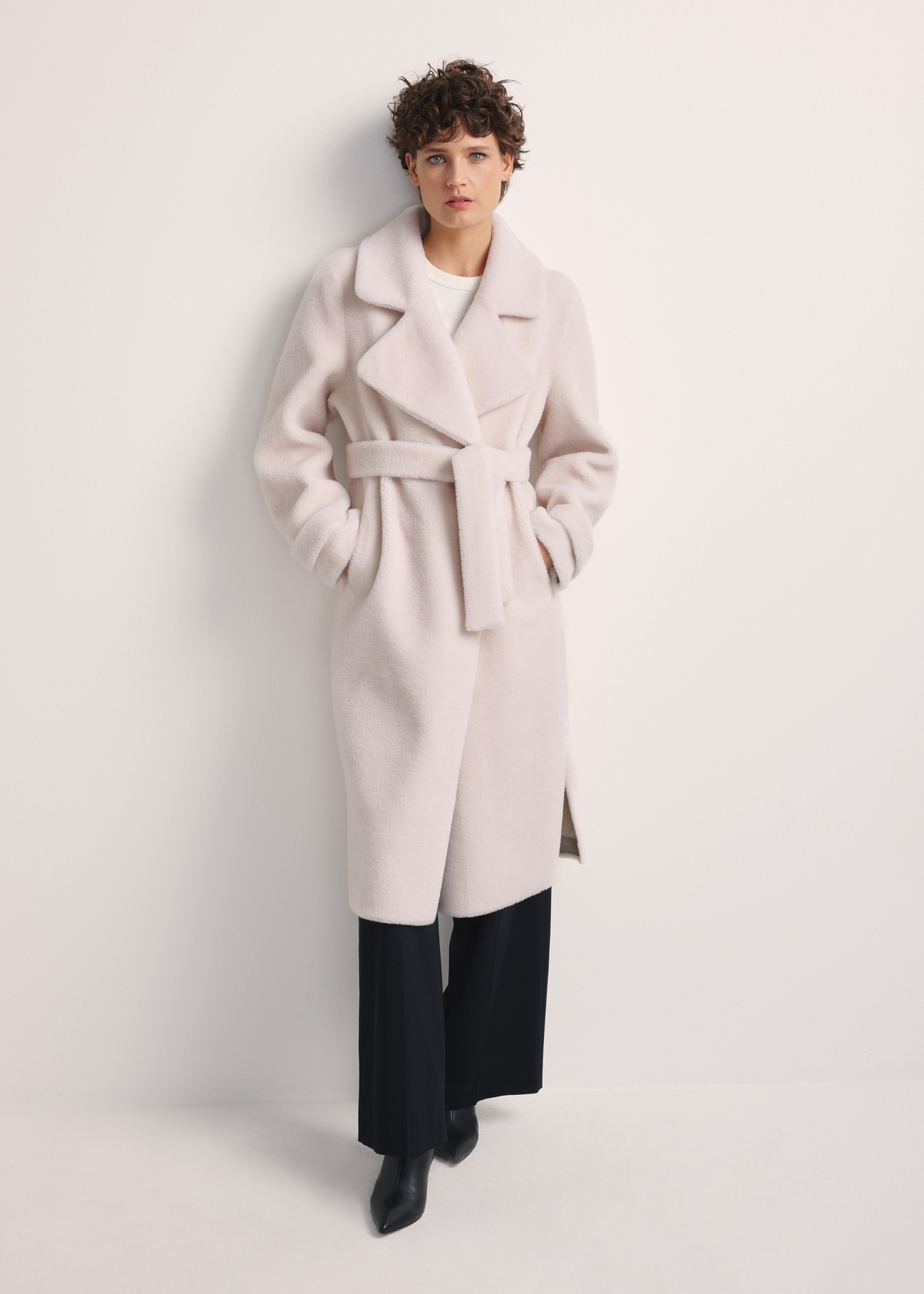 Long woolen fur coat in cream color FUTDW-0019A-12(Z25) - product view from the front on a white background. The entire silhouette is visible.