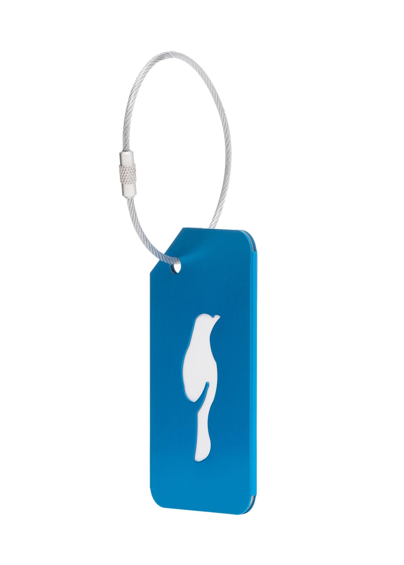 Blue luggage tag AW-012-0003-7B(W26), diagonal product view on white background.