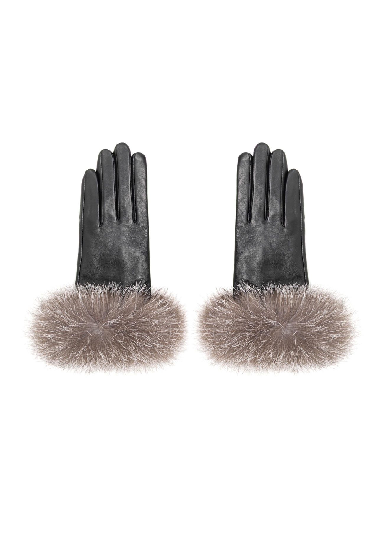 Women's black leather gloves with fur trim REKDS-0111-99(Z26), front view on a white background.