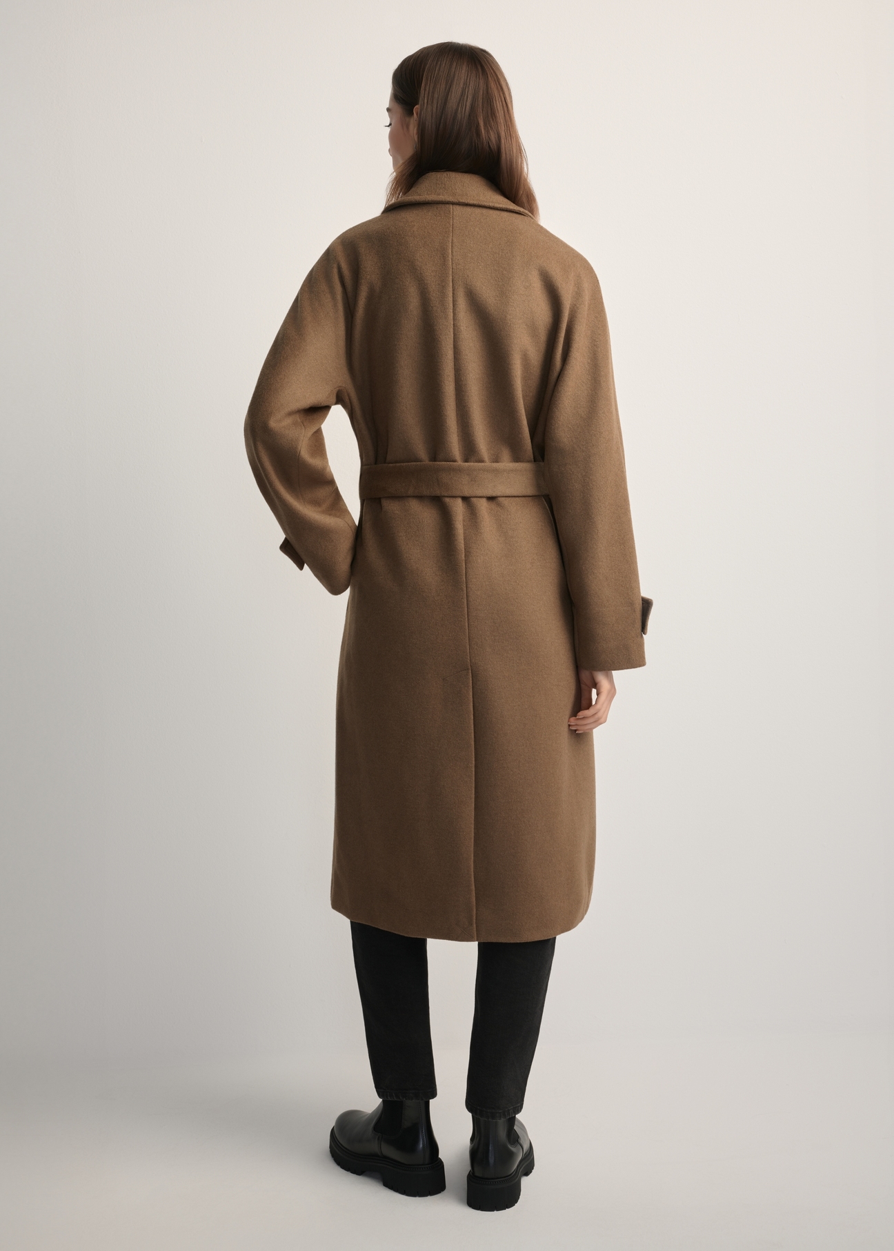 Women's wool coat in camel color PLADT-0061-24(Z25) - back view of the product, on a model, against a light background. The entire silhouette is visible.