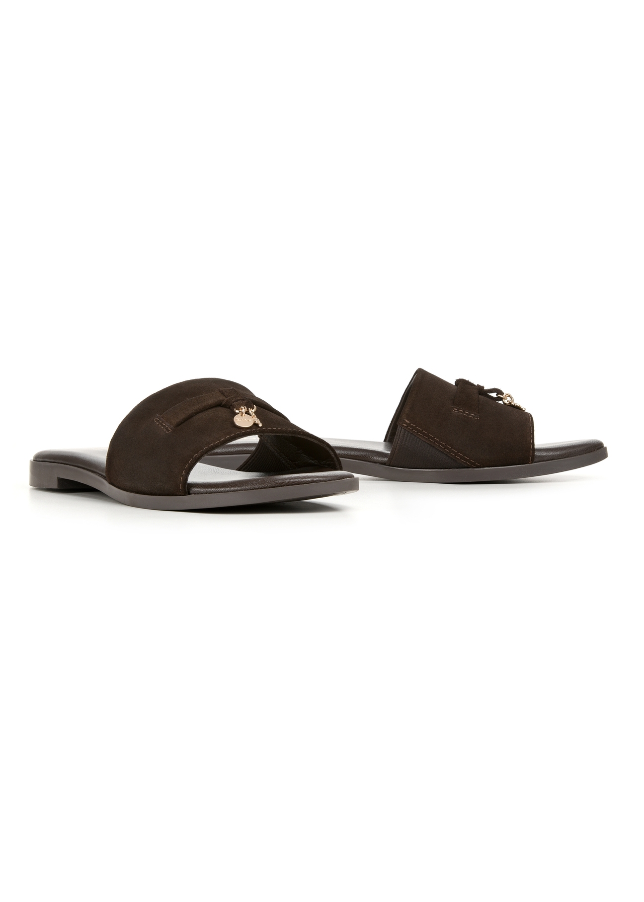 Women's suede slides in dark brown color BUTYD-1255-1I(W26), diagonal product view on a white background.