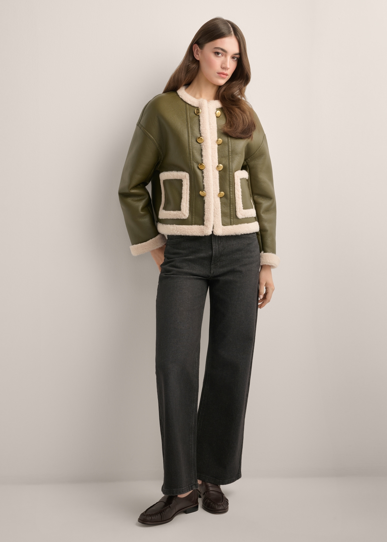 Women's short khaki sheepskin coat KOZDP-0015-8D(Z26), front view of the product on a model. Full body visible.