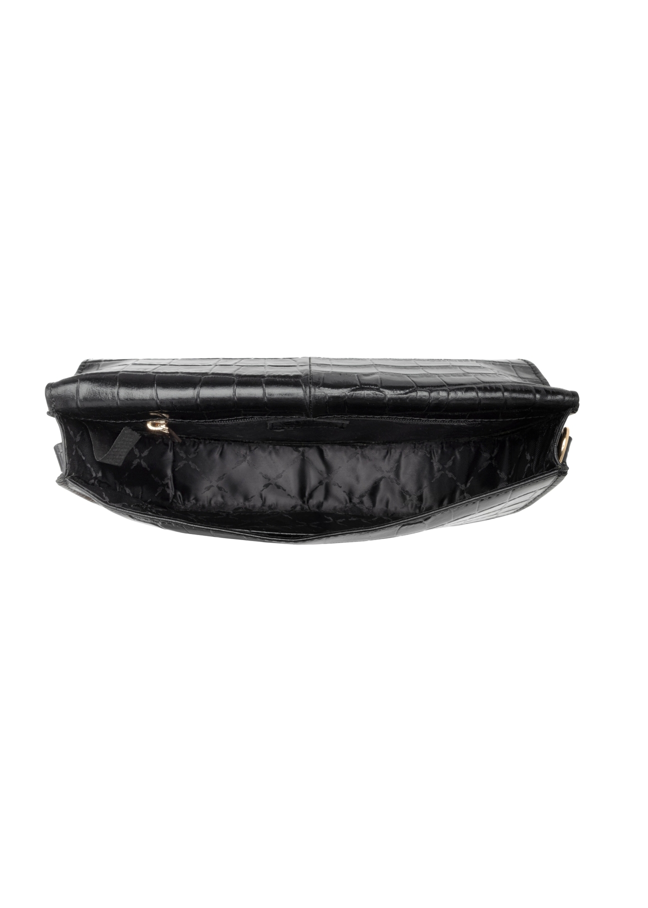 Black leather semi-circular croco messenger bag TORES-1230-9G(W26), product view from above on a white background.