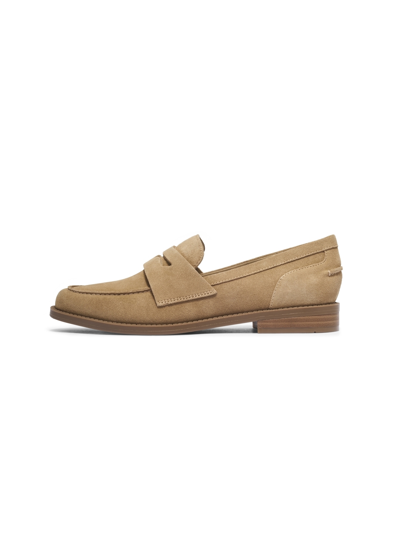Women's beige suede moccasins BUTYD-1299-1B(Z26). Side view on white background-02.