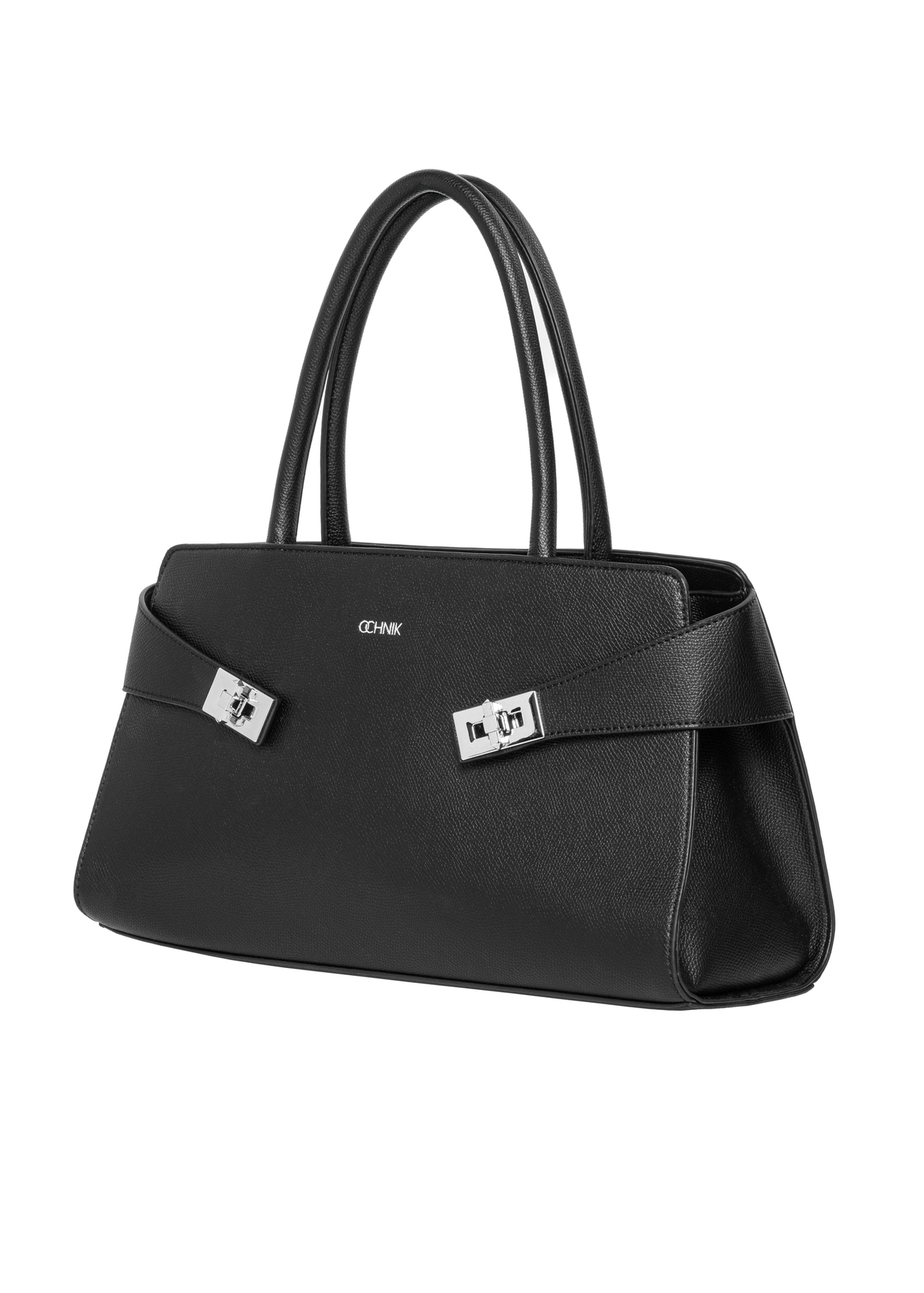 Elegant black women's handbag with decorative clasps TOREC-1374-9I(Z26), diagonal product view on a white background.