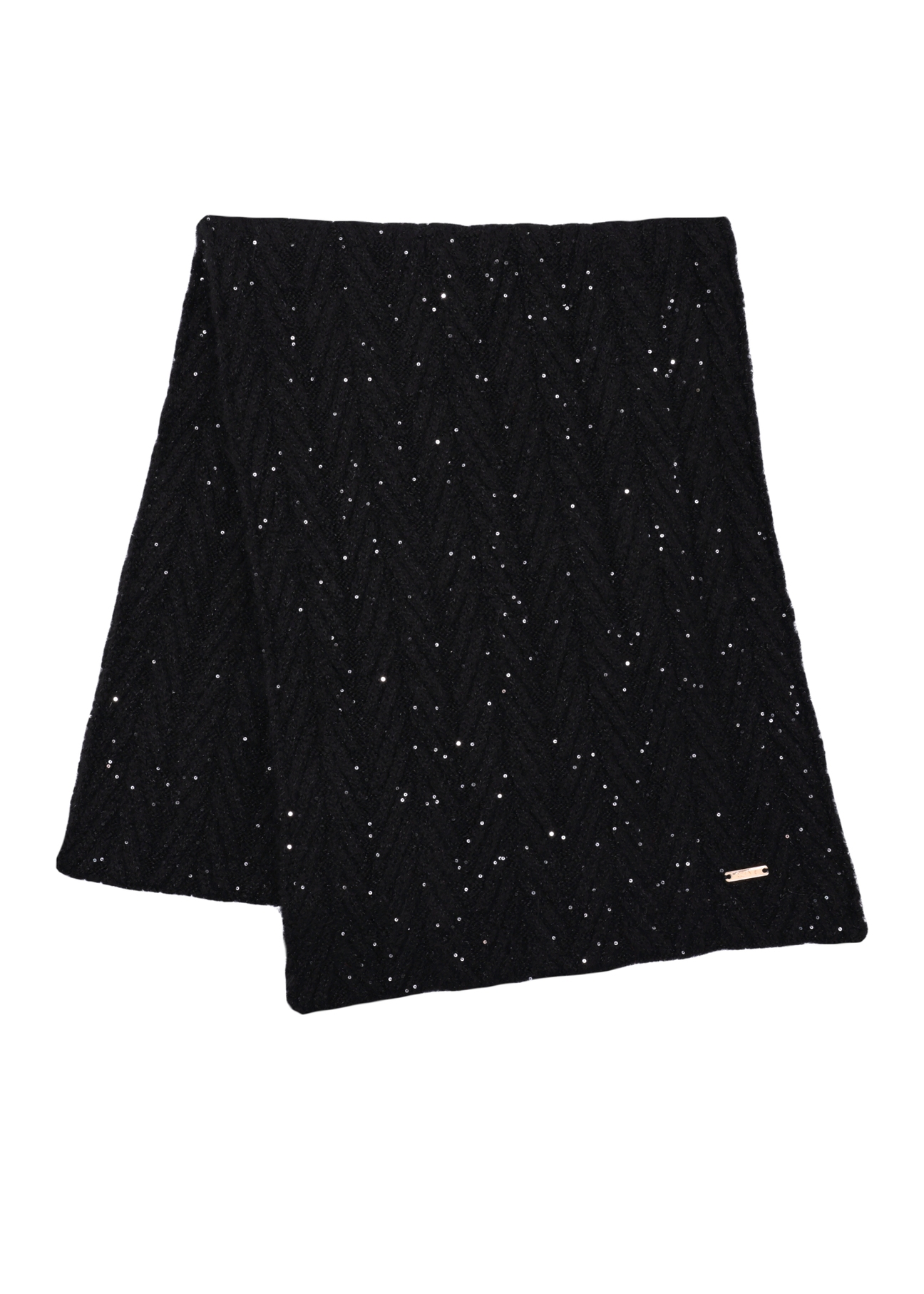 Black women's scarf with sequins SZADT-0220-99(Z26), front product view on white background.