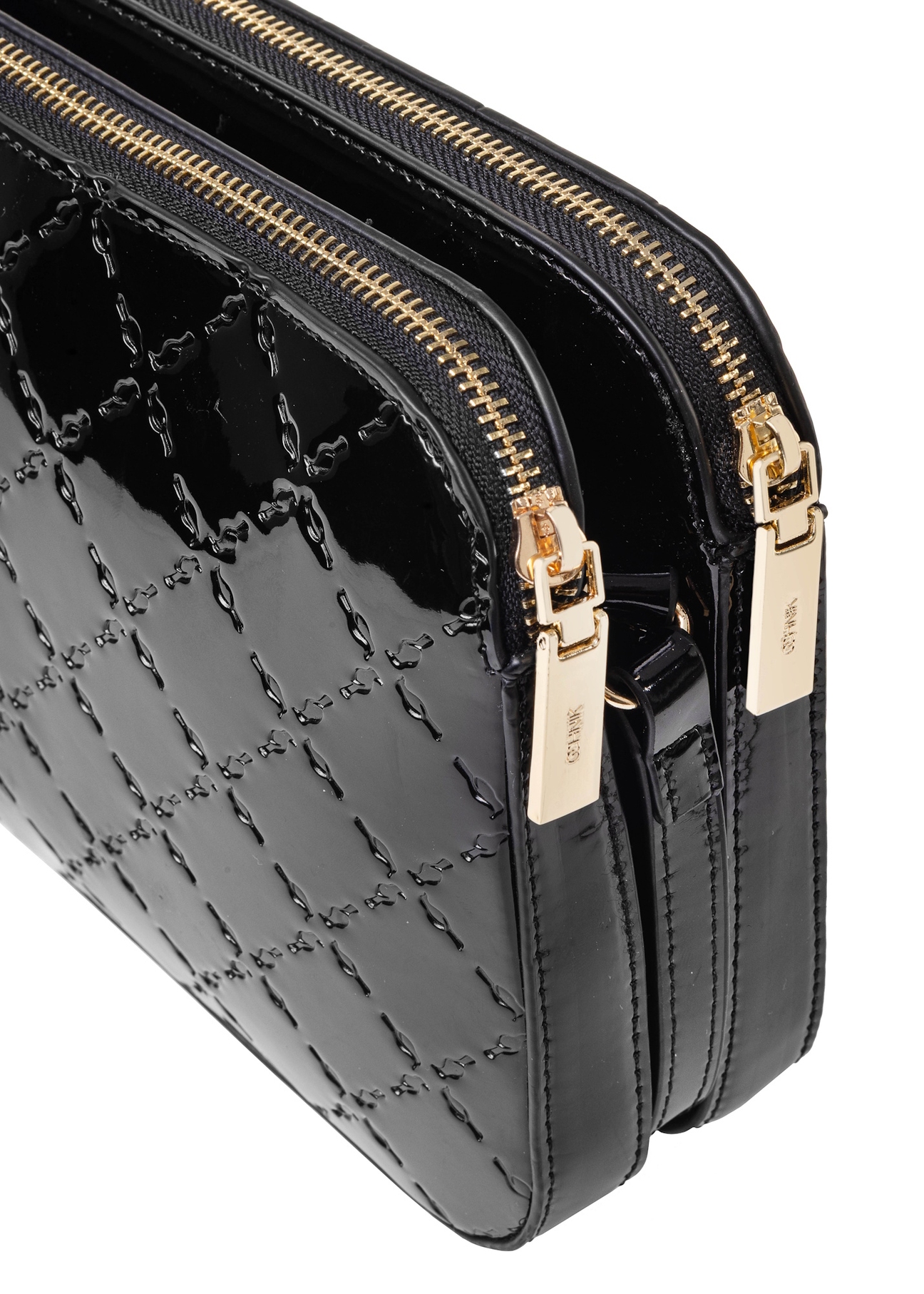 Black patent leather women's messenger bag TOREC-0205F-97(Z25), close-up of detail on white background.