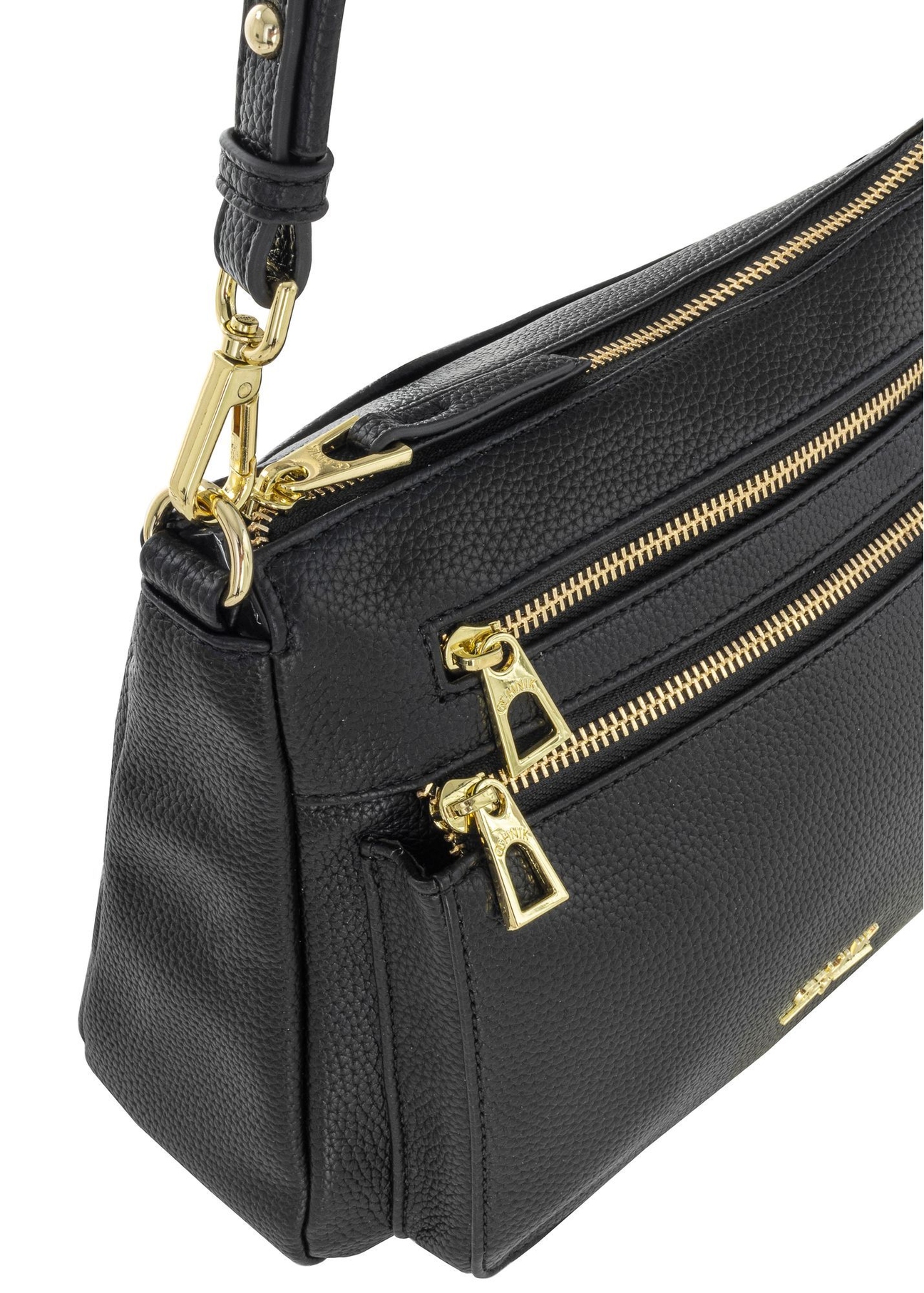 Black women's messenger bag made of imitation leather TOREC-0966A-99(Z25) - close-up of gold zippers on white background.