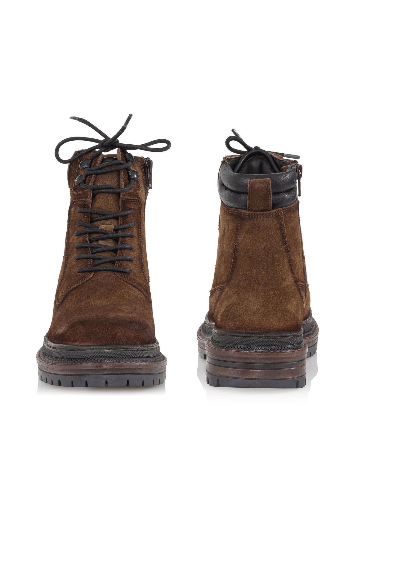Brown men's leather ankle boots BUTYM-0423B-1I(Z26), front and back product view on white background.
