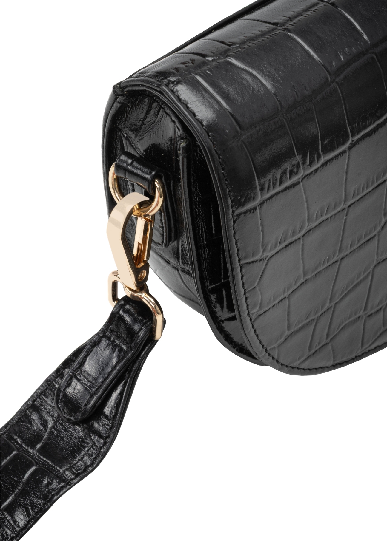 Black leather semi-circular croco messenger bag TORES-1230-9G(W26), close-up of product detail, view on white background.