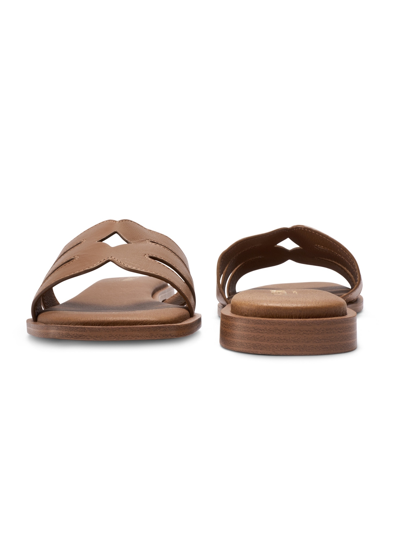 Women's leather camel flip-flops BUTYD-1224-1D(W26), front and back product view on white background.
