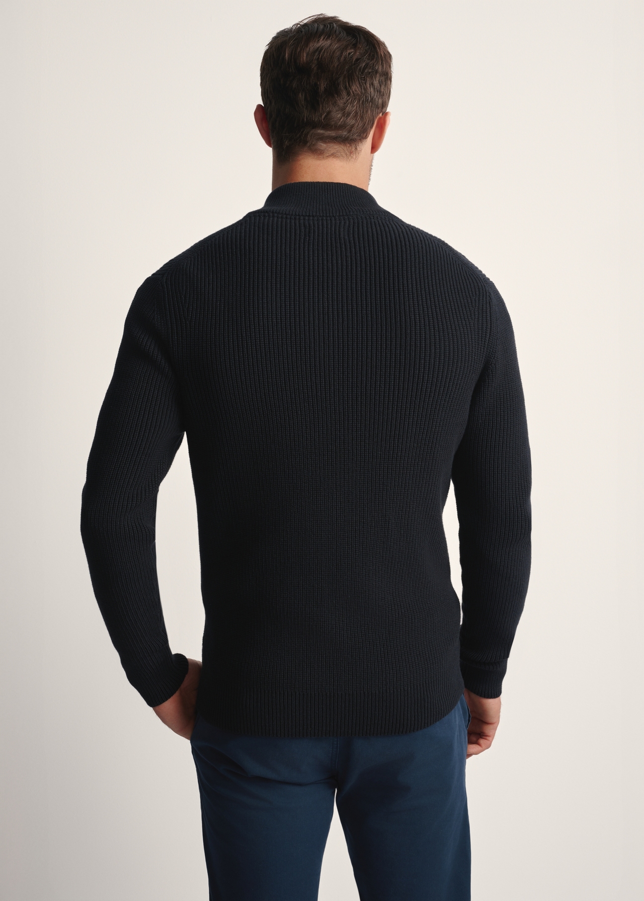 Black men's sweater with zipper SWEMT-0176-99(Z25), back view of the product on the model. Half of the silhouette visible.