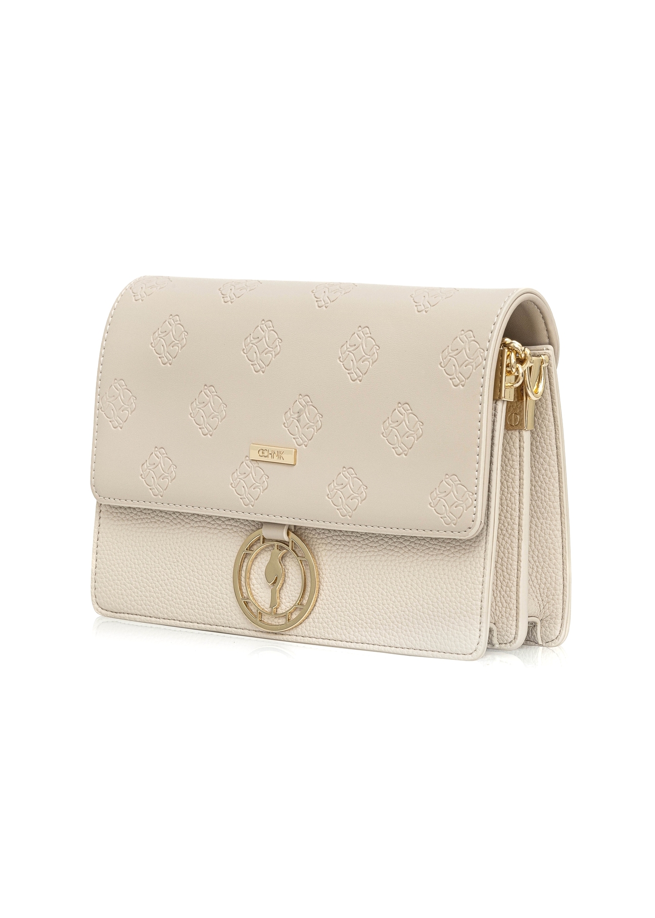 Cream women's handbag with monogram TOREC-0536-0B(W26), diagonal product view on a white background.