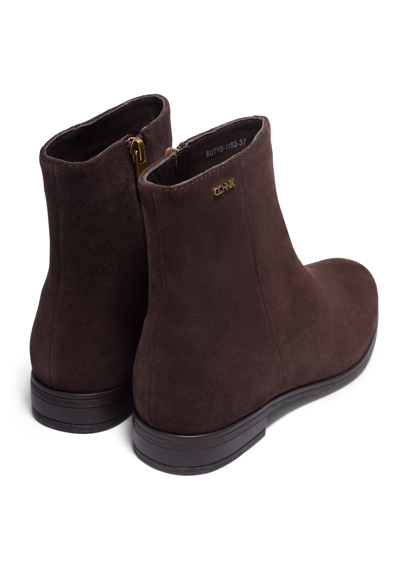 Dark brown suede women's ankle boots BUTYD-1193-1I(Z26), rear view of the product on a white background.