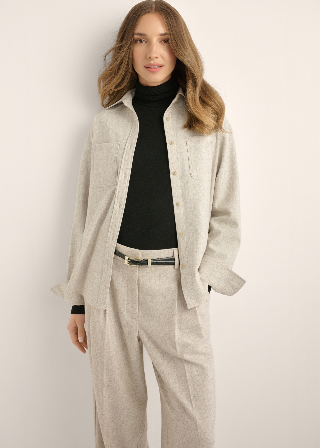 Light beige women's wool shirt KOSDT-0197-1A(Z26), front view of the product on the model. Half of the silhouette visible.