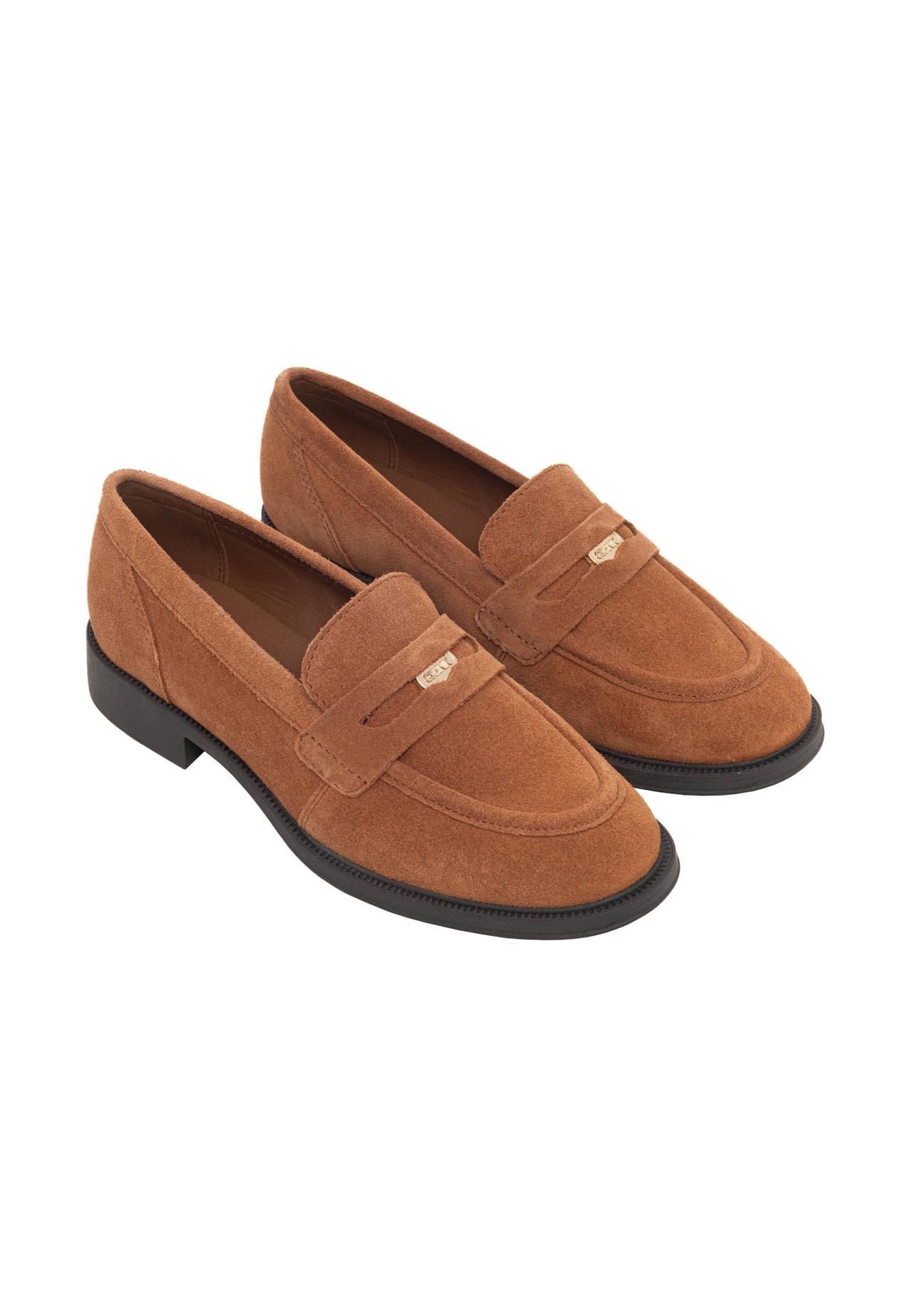 Women's cognac suede moccasins BUTYD-1199-1F(Z26), diagonal product view on white background.