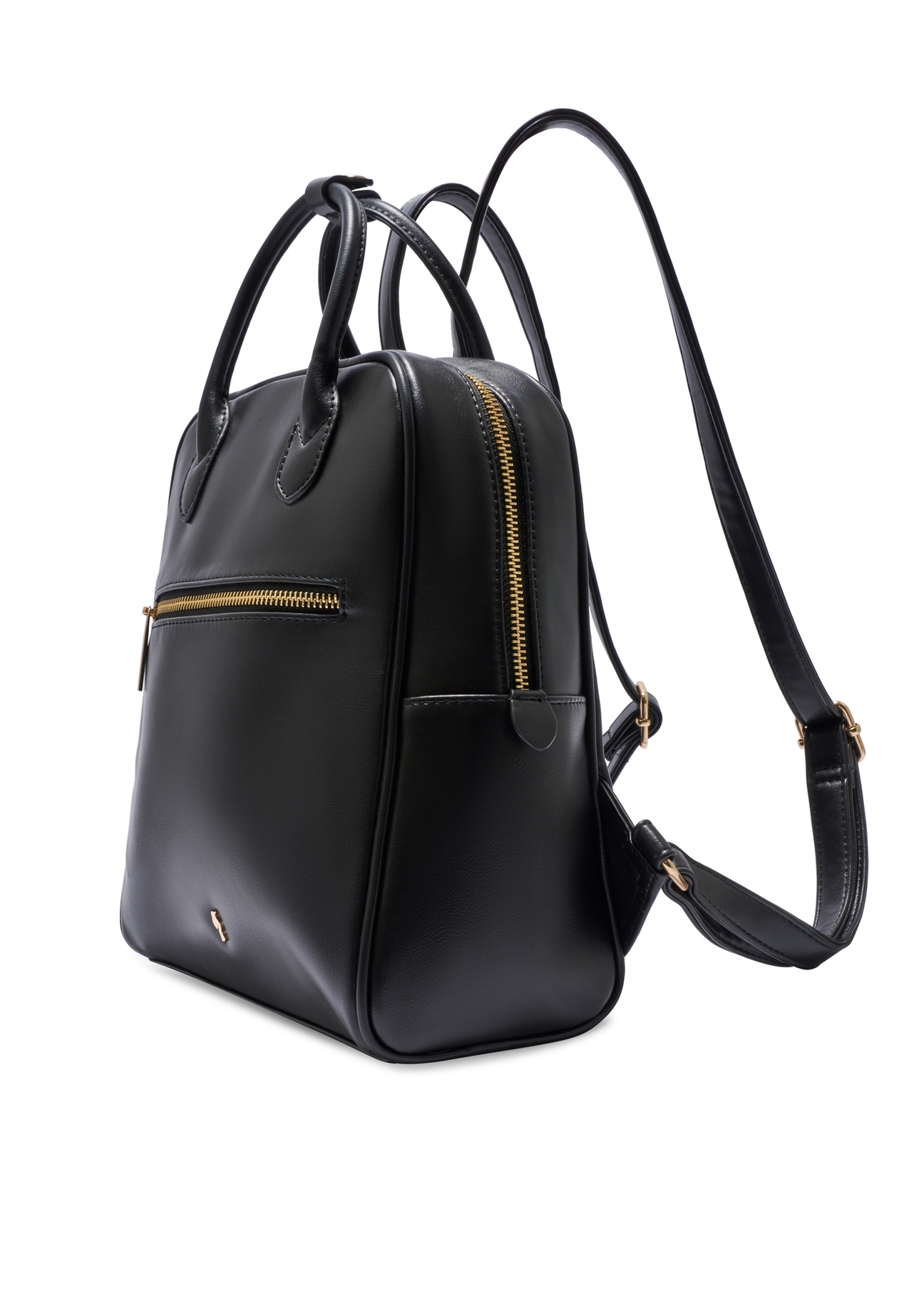 Black women's imitation leather backpack TOREC-1129-99(W26), diagonal product view on white background.