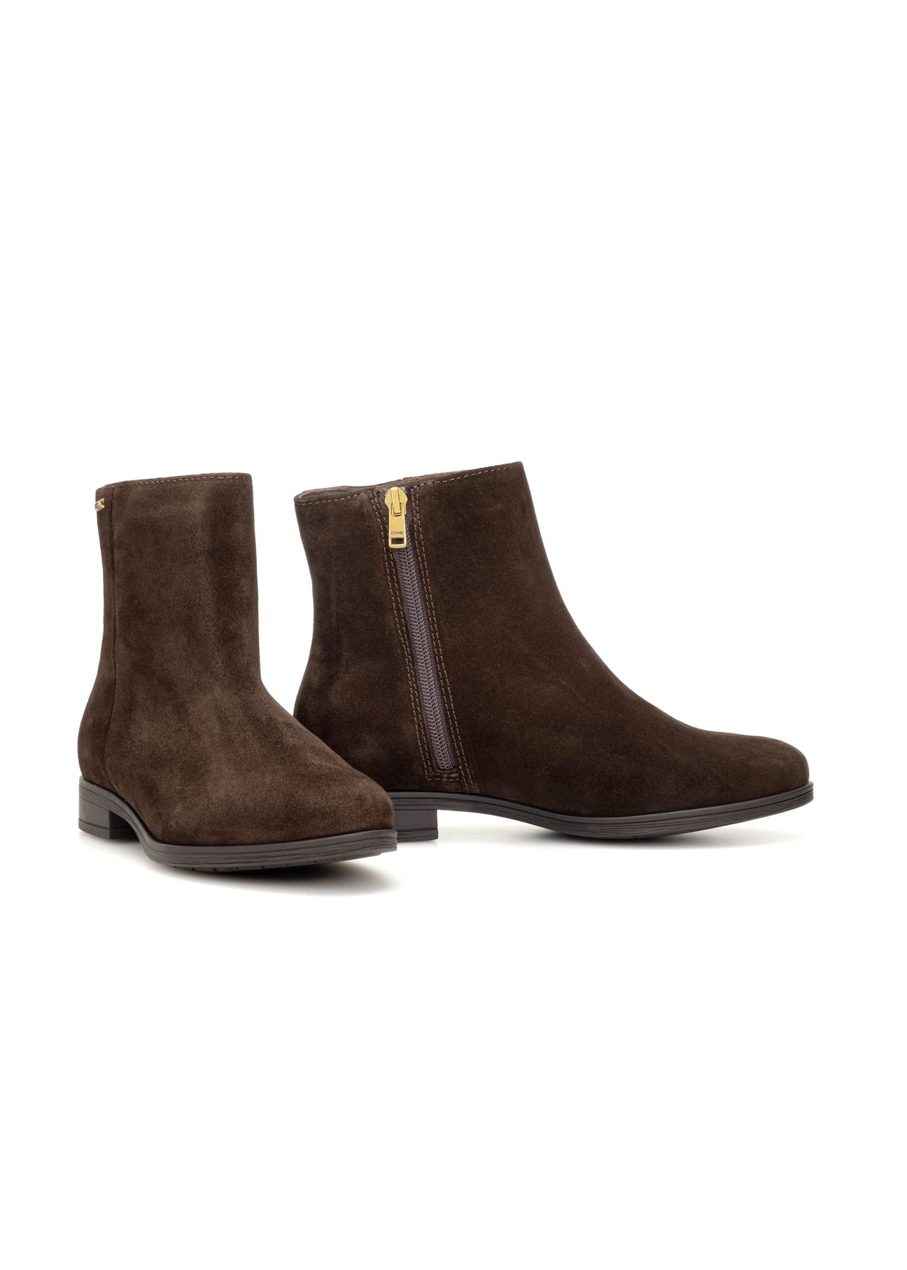 Dark brown suede women's ankle boots BUTYD-1193-1I(Z26), diagonal product view on white background.