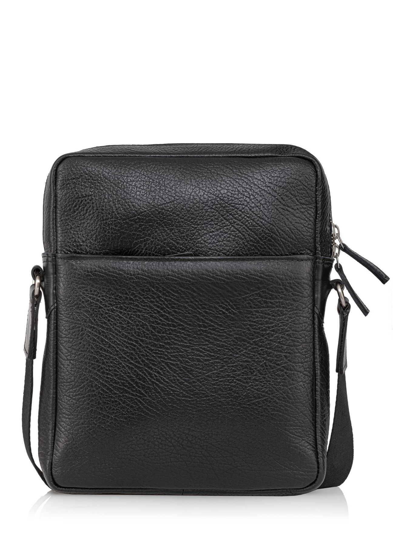 Black leather men's bag with logo TORMS-0297A-99(Z25) - product view from the back on a white background.