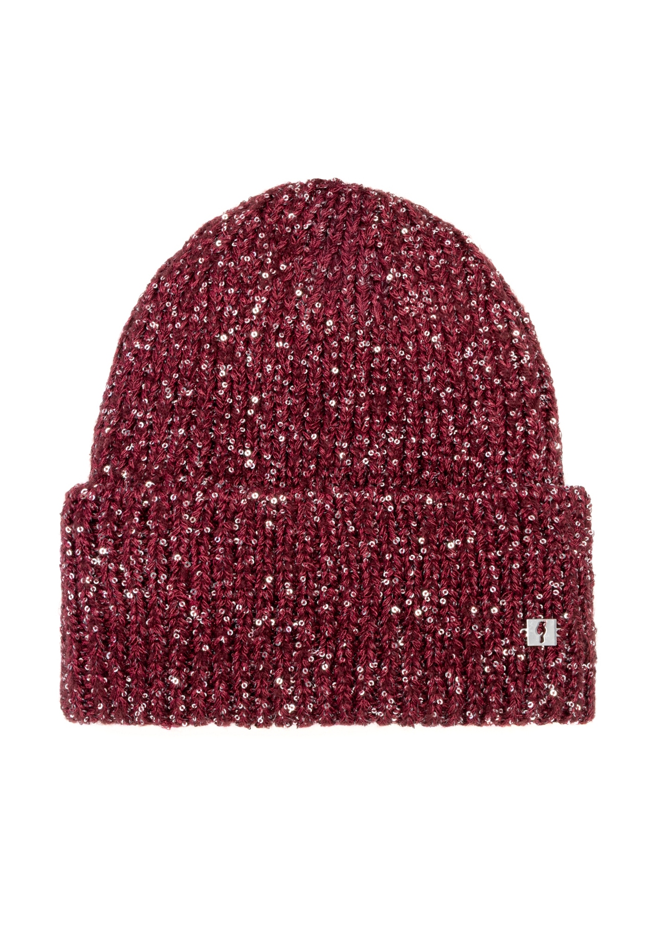 Burgundy women's hat with sequins CZADT-0211-49(Z25), front product view on white background.