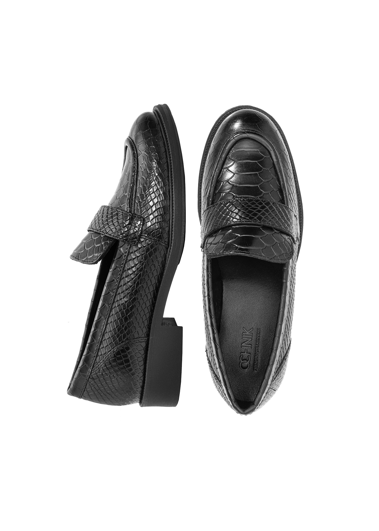 Women's black leather croco moccasins BUTYD-1198-99(Z25), product view from above on white background.