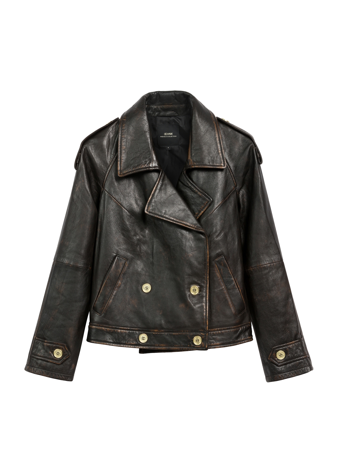 Brown oversize women's leather jacket KURDS-0553-2737(Z25), product view from the front on a white background.