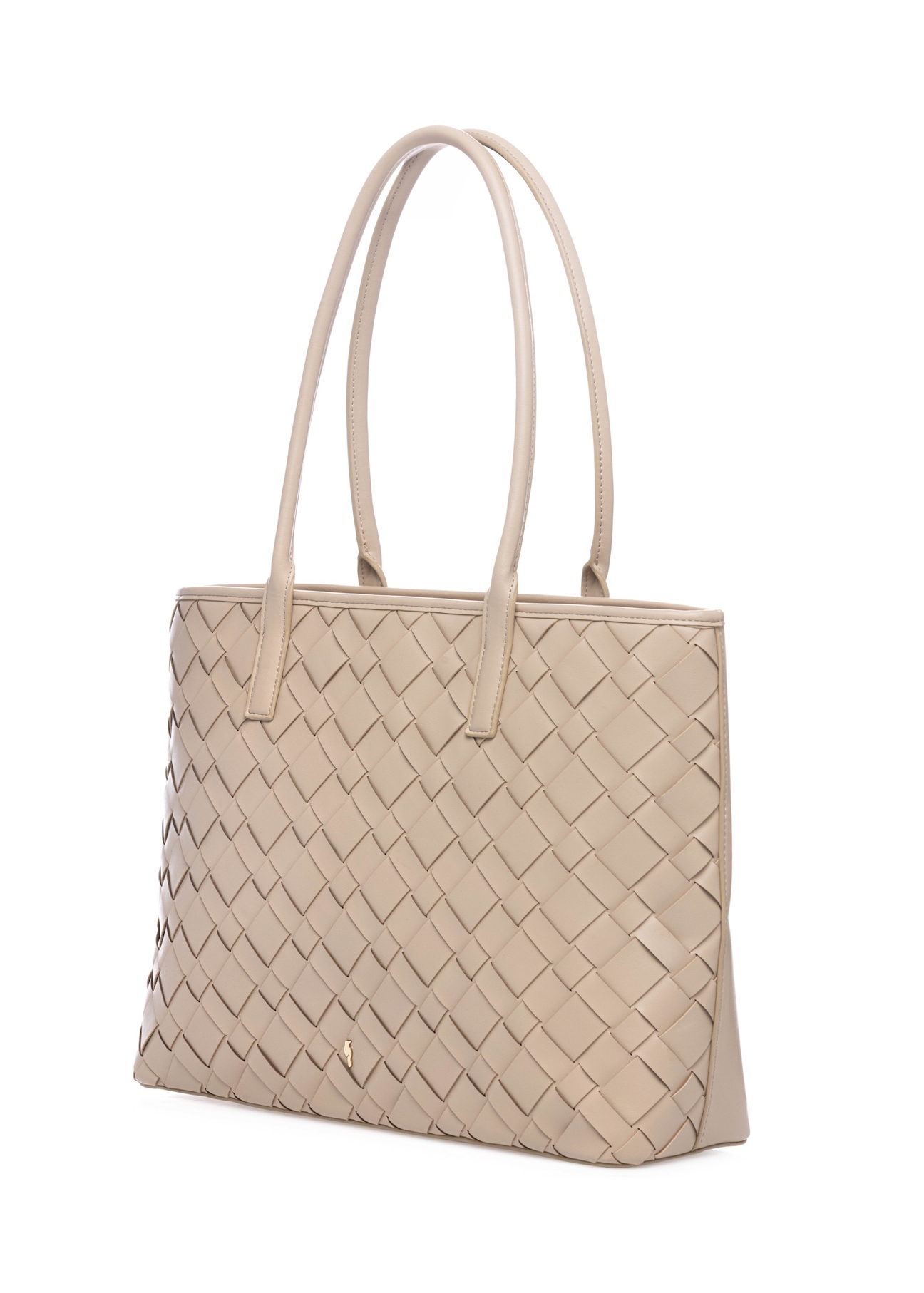 Large light beige women's handbag with braid TOREC-1168-1A(W26), diagonal product view on a white background.