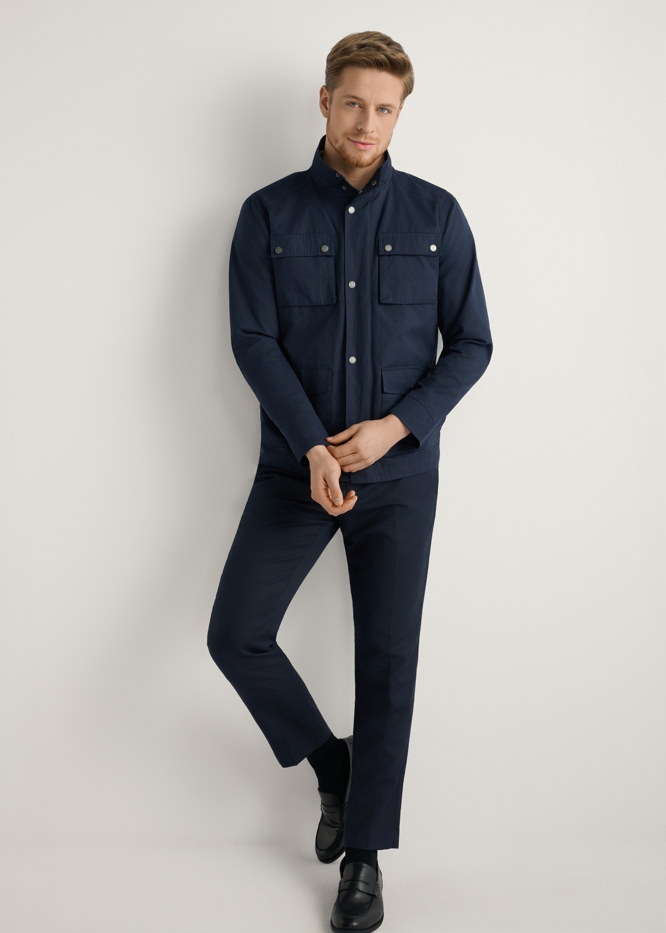 Men's navy blue transitional jacket KURMT-0376-7D(W26), front product view on model. Full body visible.