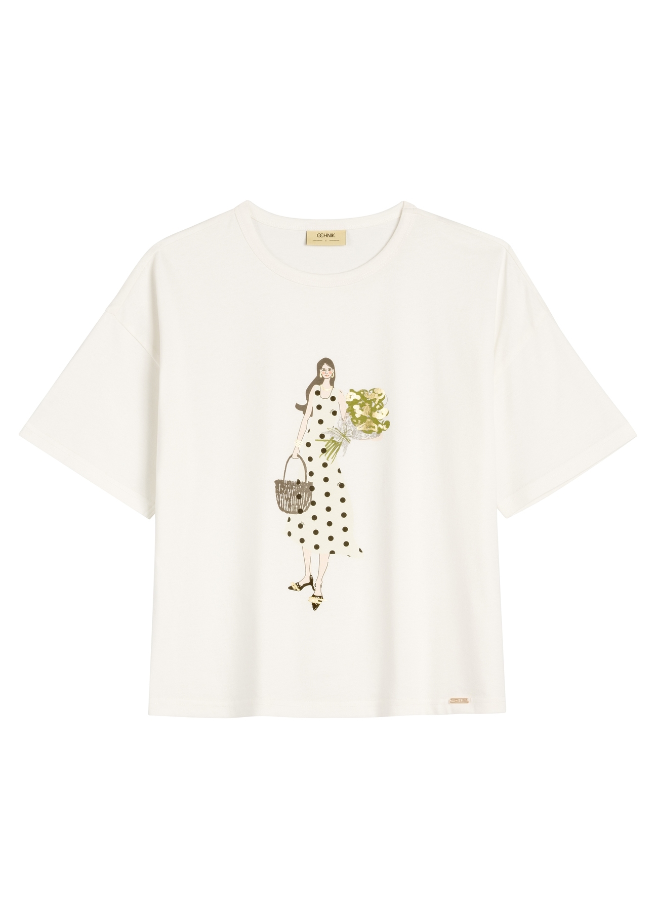 Cream women's T-shirt with print TSHDT-0161-0B(W26), front product view on white background.