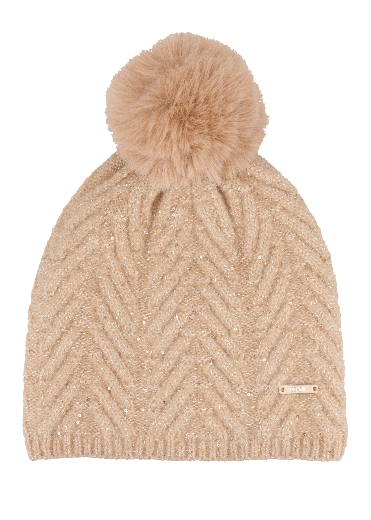 Light beige women's hat with pompom and sequins CZADT-0220-1A(Z26), front product view on white background.