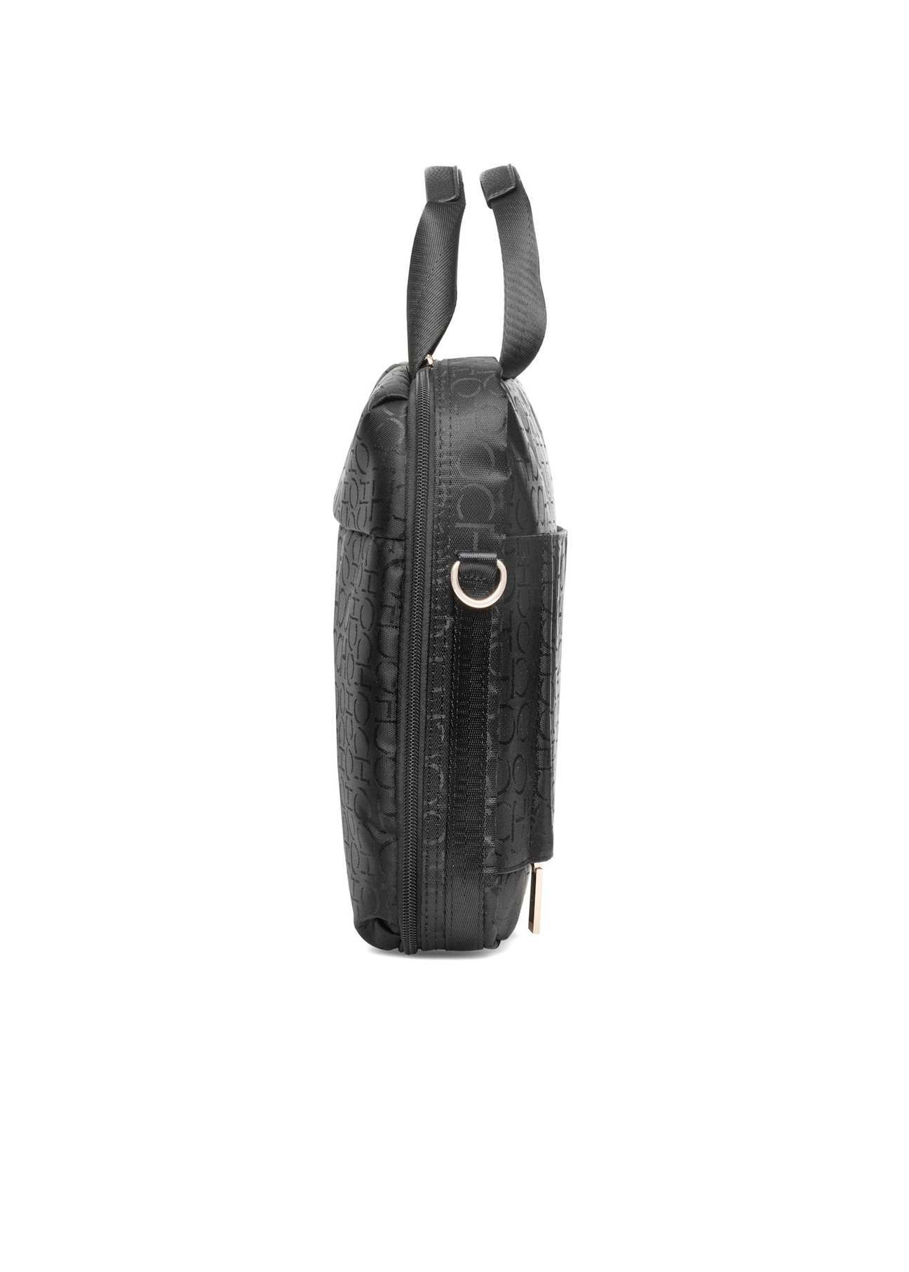 Black women's bag with monogram TOREN-0299-99(W25), side product view on white background.
